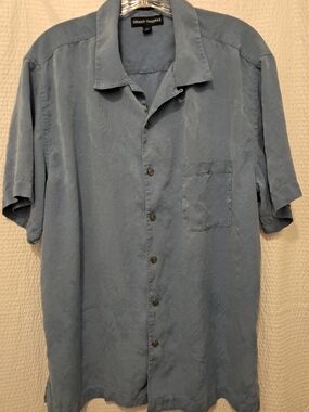 Grant Thomas Relaxed Short-Sleeve Button-Down Shirt - Dusty Blue - Silk